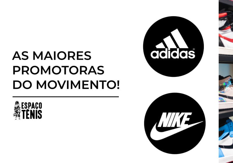 Logo da Adidas e da Nike com modelos de tênis ao lado